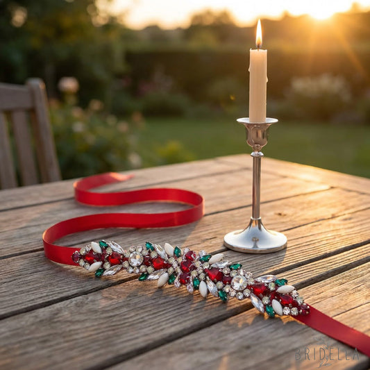 Red Satin Crystal Bridal Belt Wedding Sash – Bridella BS477-R - Red RIbbon - Blets