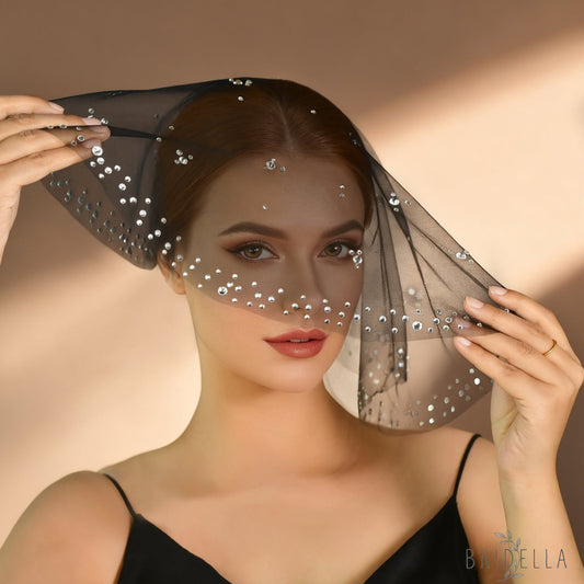 Rhinestone Black Blusher Bridal Veil Short Wedding Veil - Bridella BMA14-B - Black