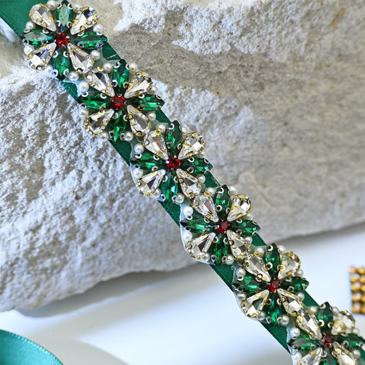 Rhinestone Pearl Ribbon Belt Wedding Prom Green Bridella BS205 - red 1 - Belts