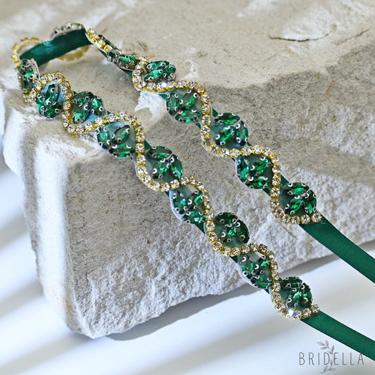 Rhinestone Ribbon Belt Wedding Prom Emerald Green Bridella BS203KL - red 1 - Belts