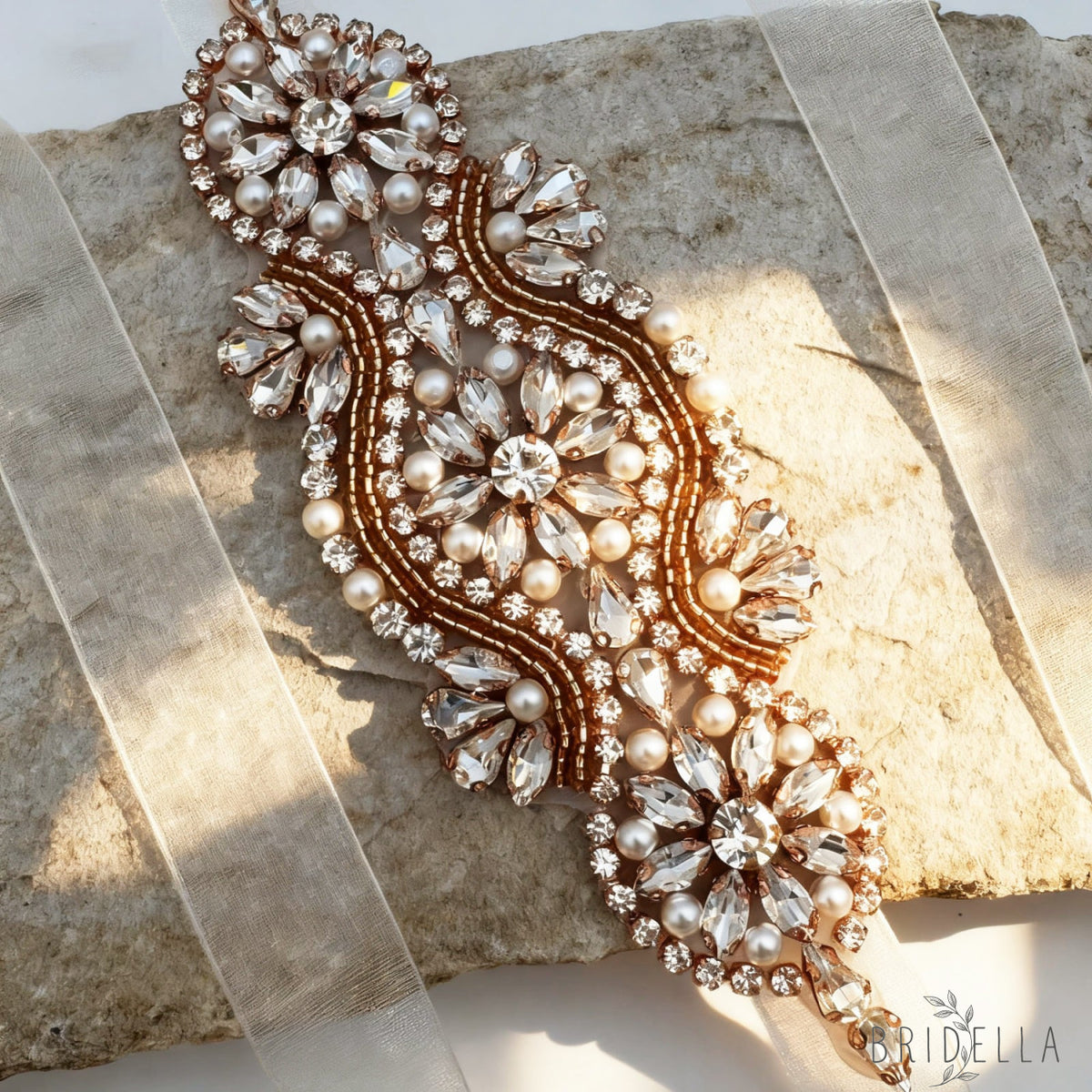 Rose Gold Rhinestone & Pearl Belt - Belts