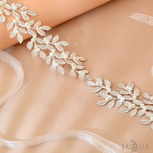 Silver Pearl & Alloy Leaf Bridal Headband - Bridella BHP353-S - Silvery - HEADWEAR