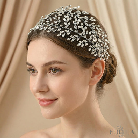 Silver Rhinestone Leaf Bridal Crown Headpiece - Bridella BHP308-S - Silvery - HEADWEAR