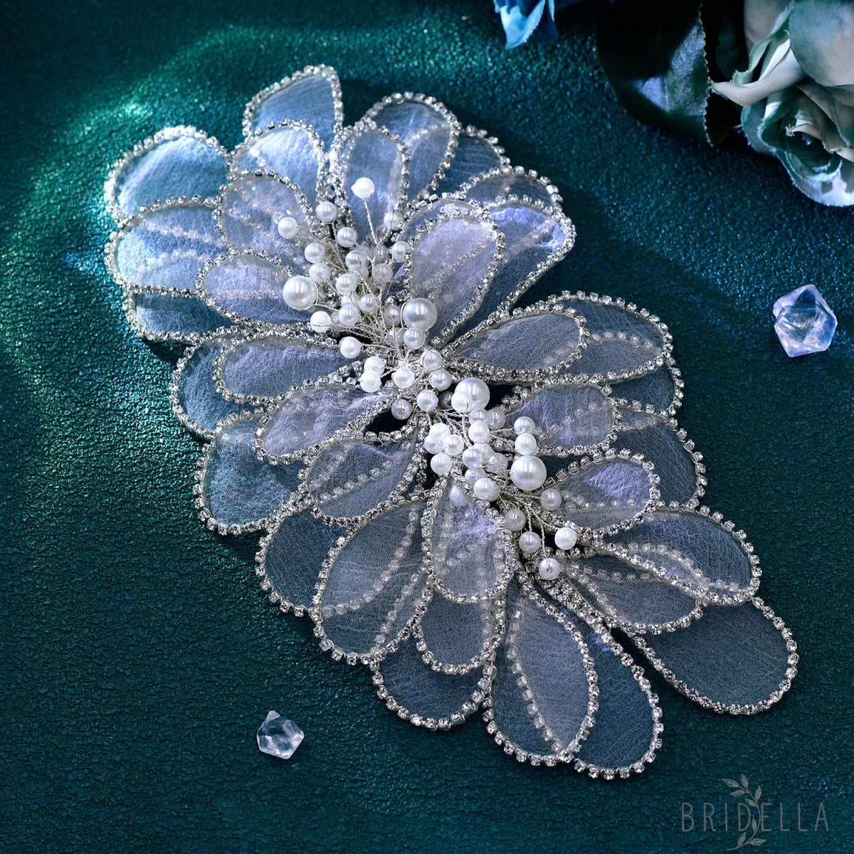 BHP681-S silver rhinestone organza headband