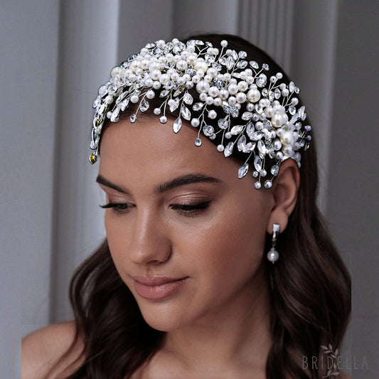 BHP635-S silver rhinestone pearl headband