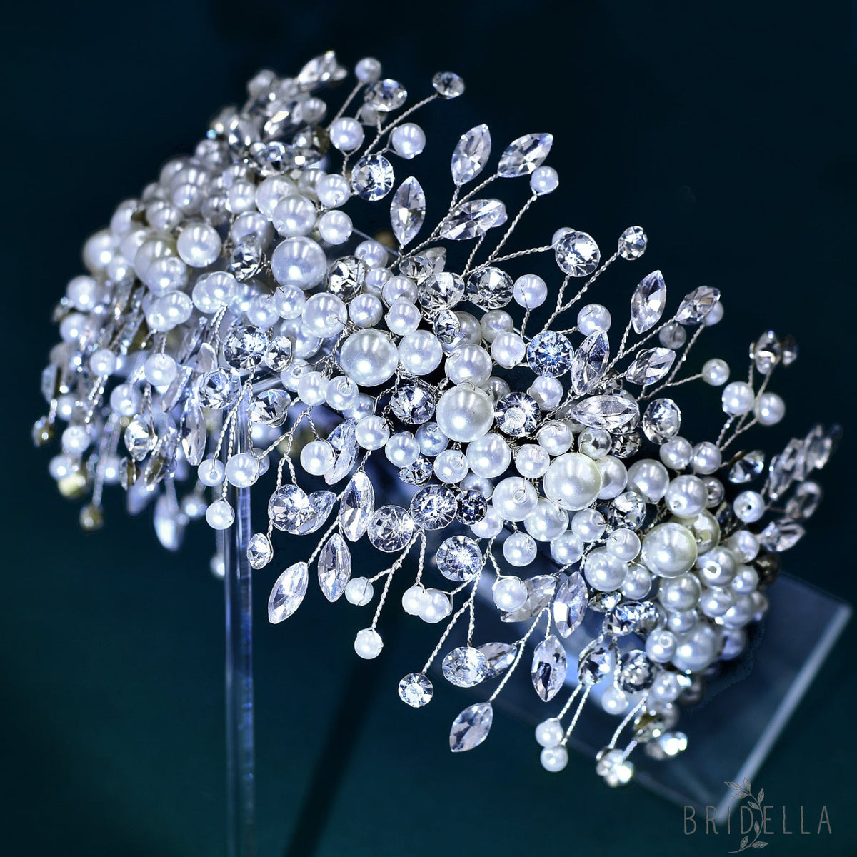 BHP635-S silver rhinestone pearl headband