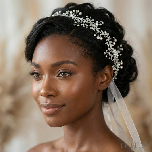Silver Rhinestone & Pearl Vine Bridal Headband - Bridella BHP233-S - Silvery - HEADWEAR