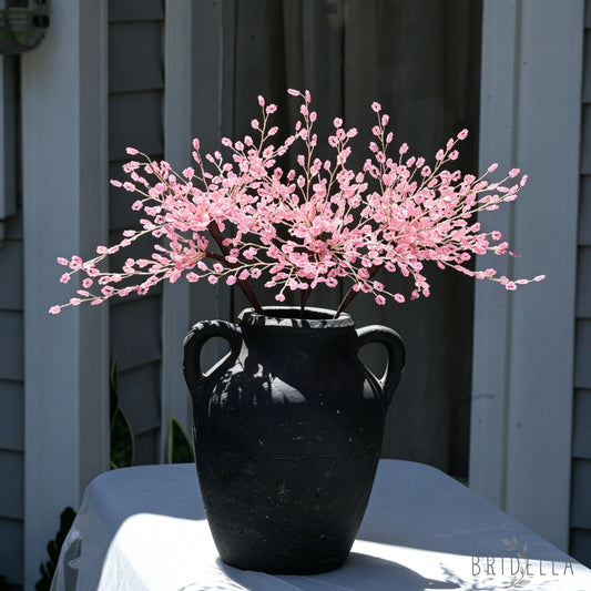 Single Stem Handmade Pink Crystal Beaded Artificial Cherry Blossom Branch K31 - Pink
