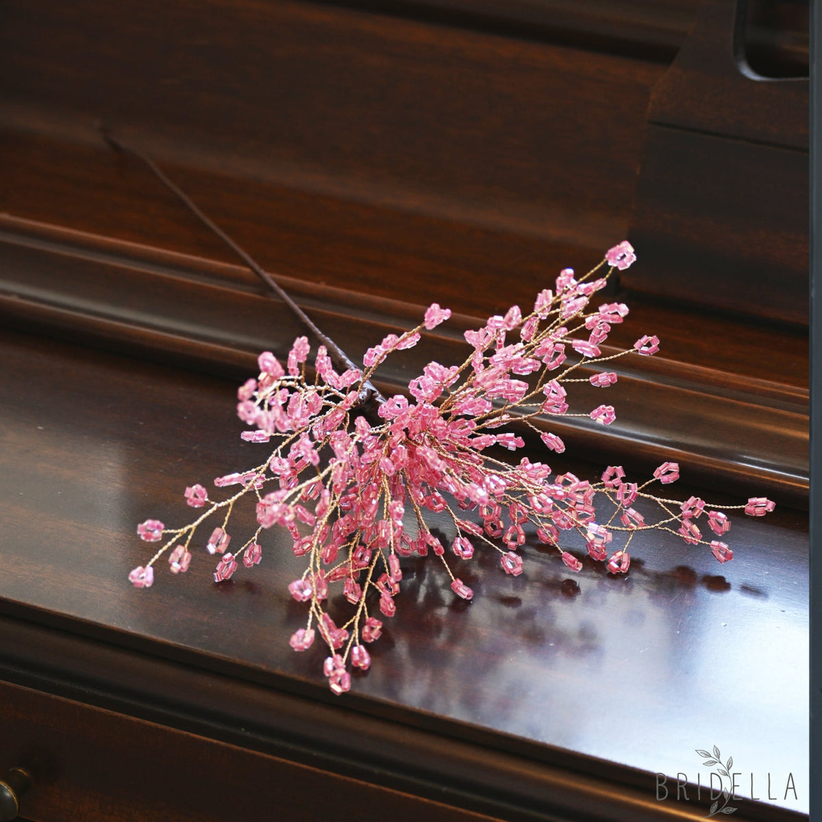 Single Stem Handmade Pink Crystal Beaded Artificial Cherry Blossom Branch K31 - Pink