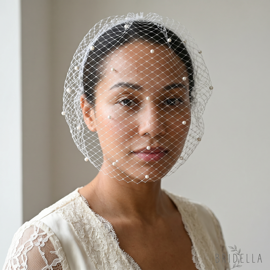 white White Pearl & Mesh Birdcage Veil - Bridella BVA08-W - white - face veil
