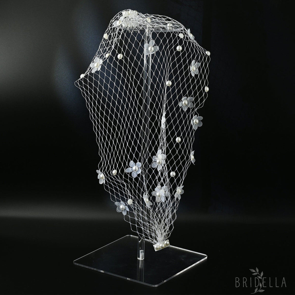 White Pearl Mesh Bridal Hair Comb Veil Short for Wedding - Bridella BVA15-W - IVONY - face veil