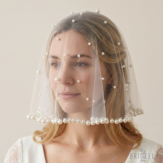 White Pearl Mesh Bridal Hair Comb Veil Short for Wedding - Bridella VA10-I - IVONY - face veil