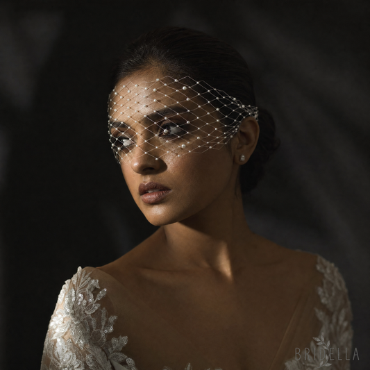 White Pearl Mesh Bridal Tiara Wedding Headpiece - Bridella BMA52 - face veil