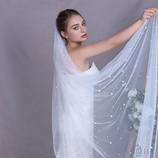 V182-IY2 white pearl mesh veil