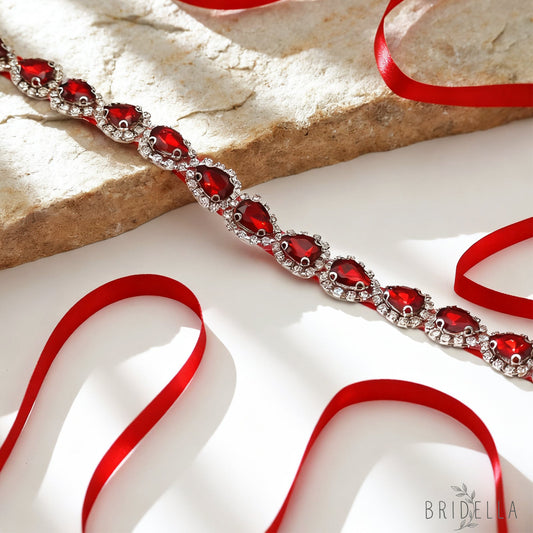 Wine Red Rhinestone Bridal Belt Adjustable Waist Sash Bridella BS190R - Red - Belts