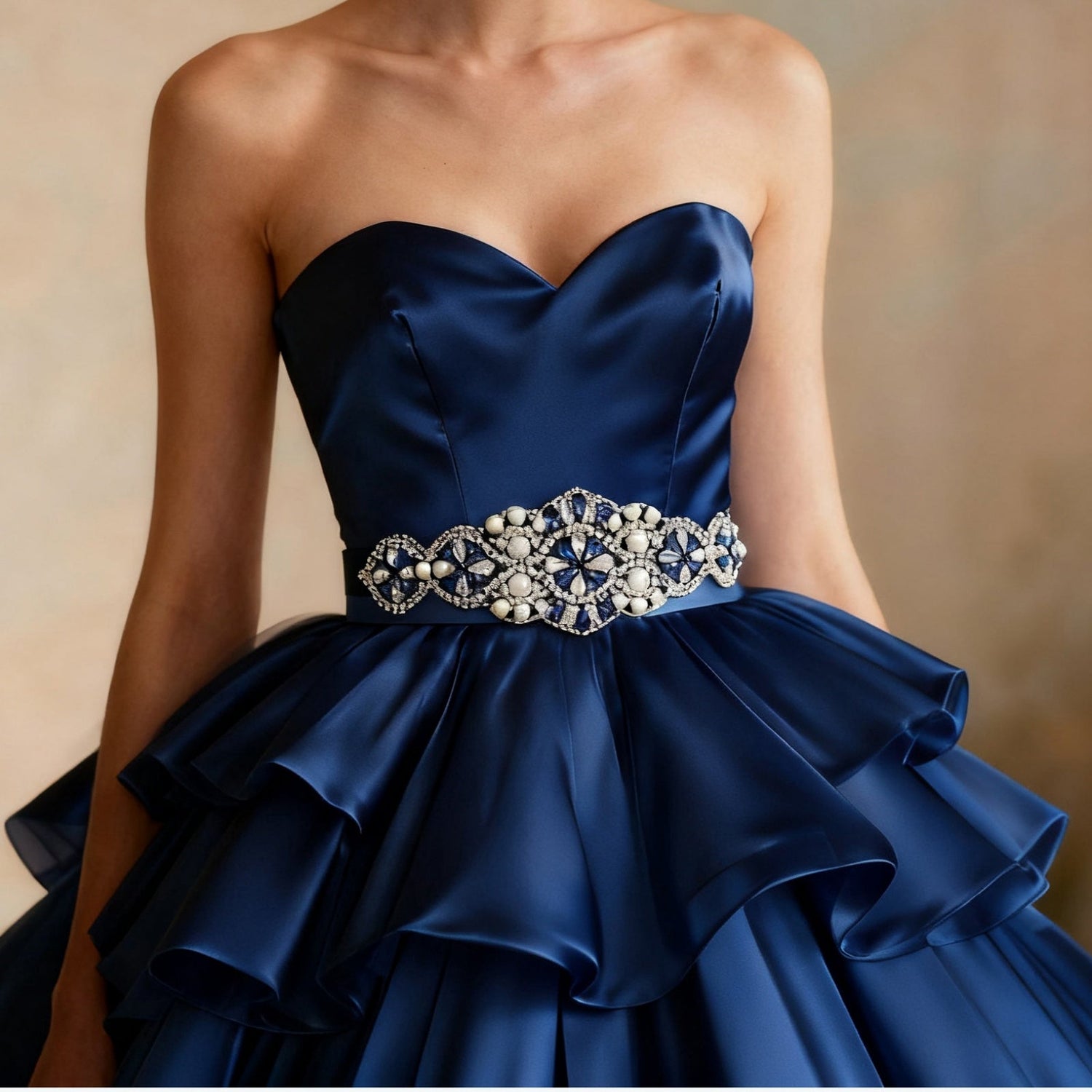 Navy satin evening dress styled with a pearl and crystal embellished belt for bridesmaids or special occasions.