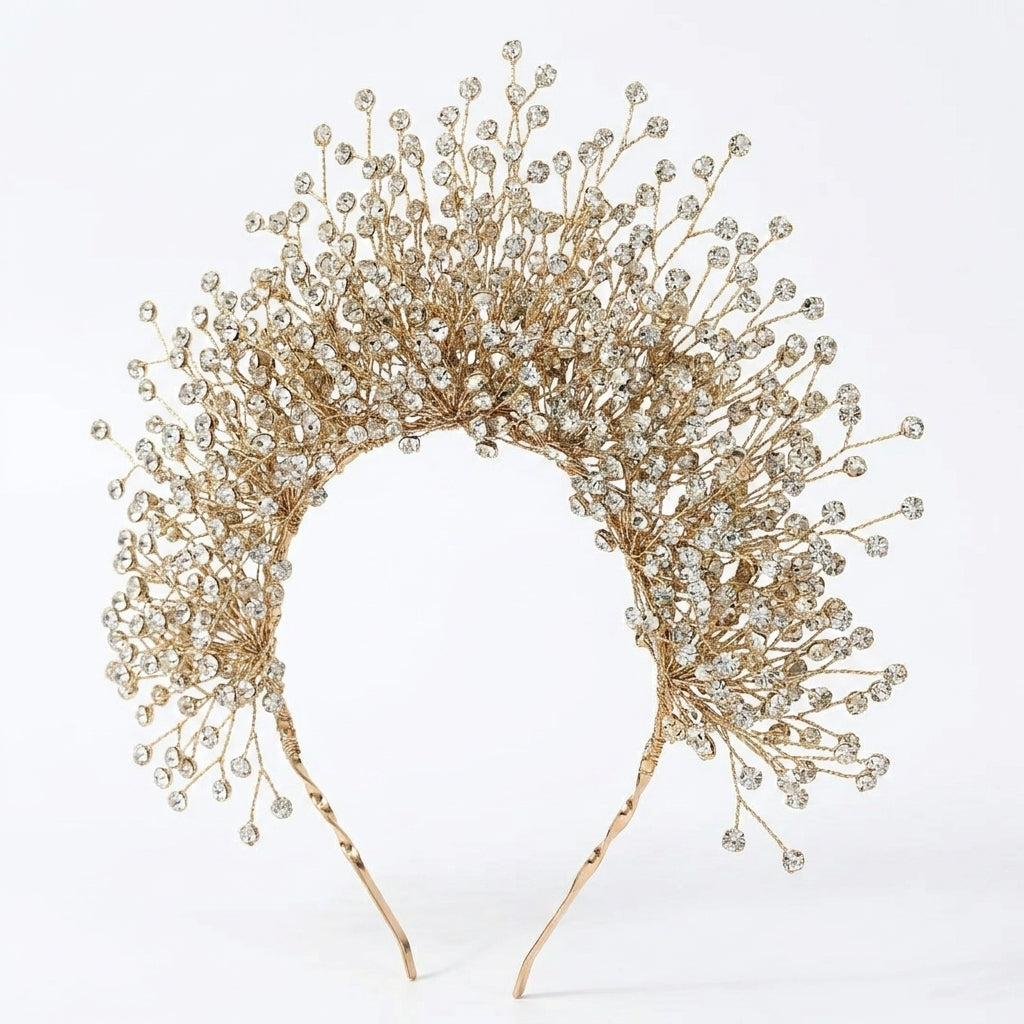 Bride wearing a white floral padded headband, styled with soft makeup and surrounded by spring flowers.