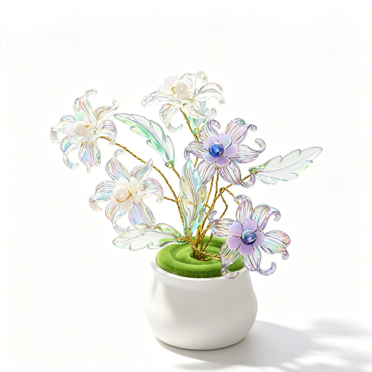 Handmade Iridescent Crystal Lily Flower Arrangement in Mini Ceramic Pot