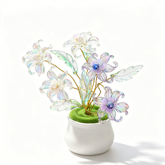 Handmade Iridescent Crystal Lily Flower Arrangement in Mini Ceramic Pot
