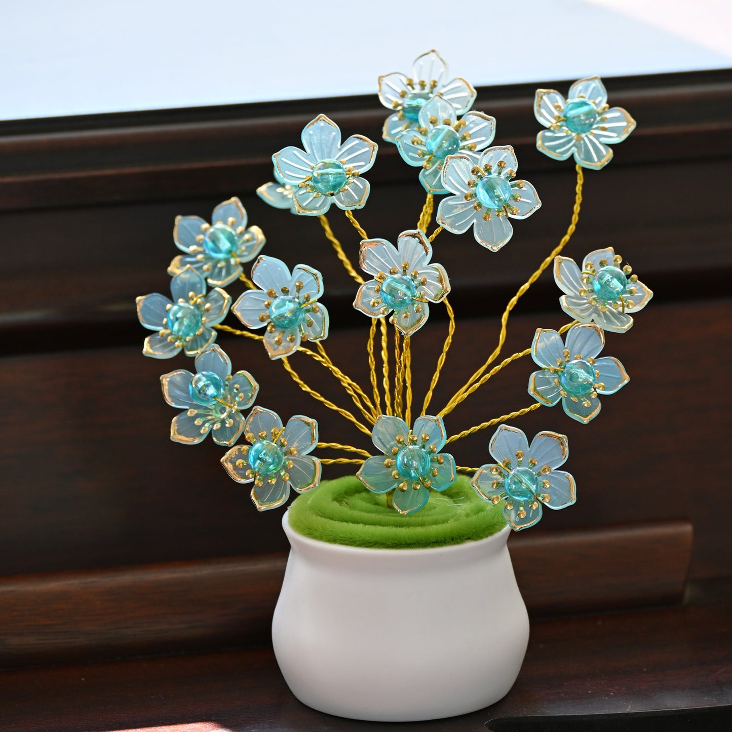 Handmade Blue Crystal Flower Arrangement in Mini Ceramic Pot L30