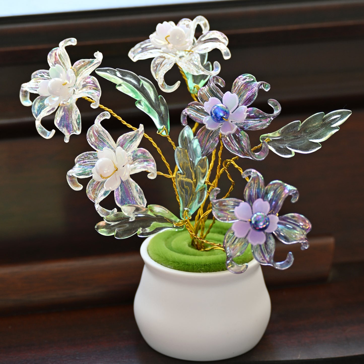 Handmade Iridescent Crystal Lily Flower Arrangement in Mini Ceramic Pot