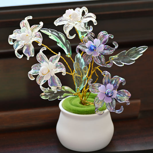 Handmade Iridescent Crystal Lily Flower Arrangement in Mini Ceramic Pot