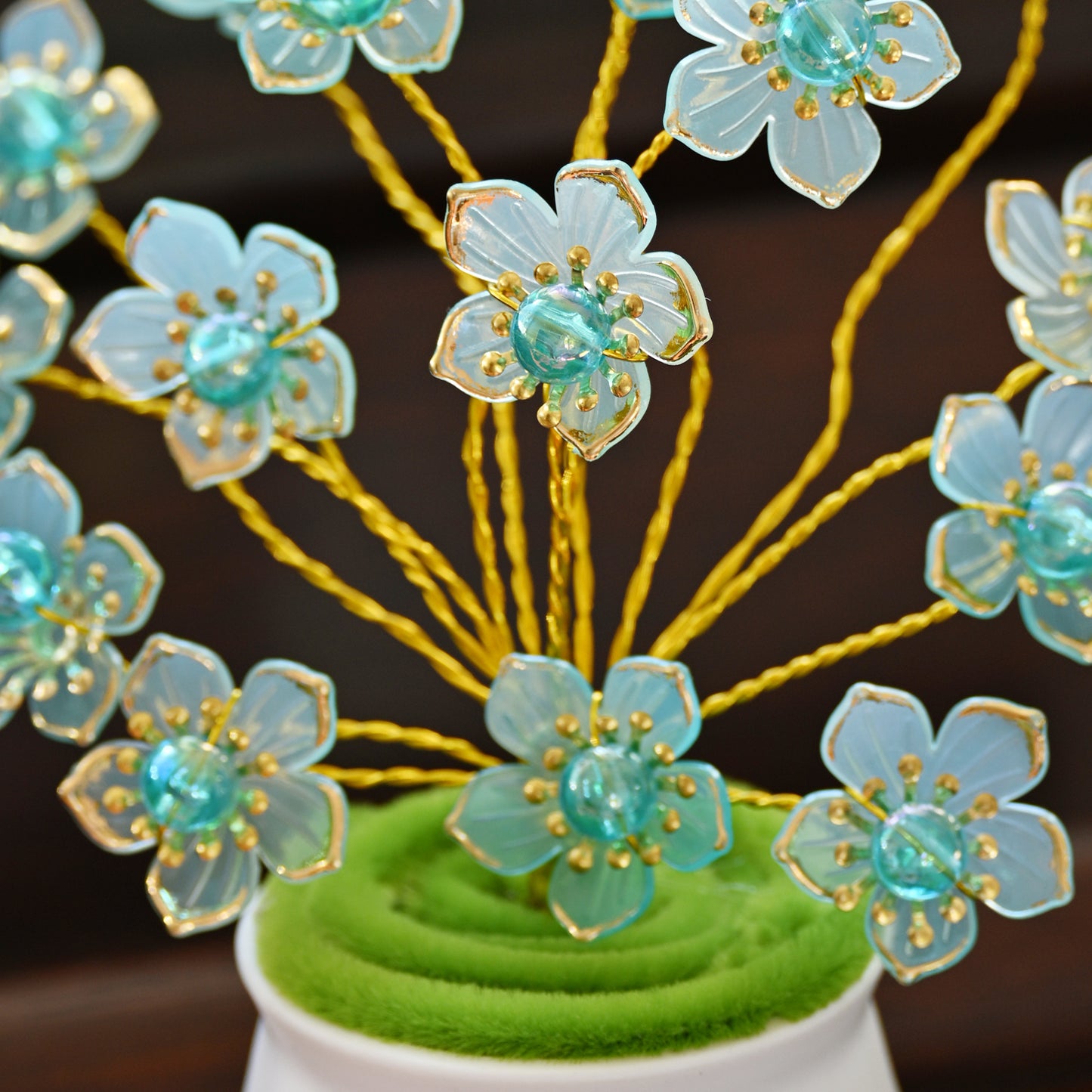 Handmade Blue Crystal Flower Arrangement in Mini Ceramic Pot L30