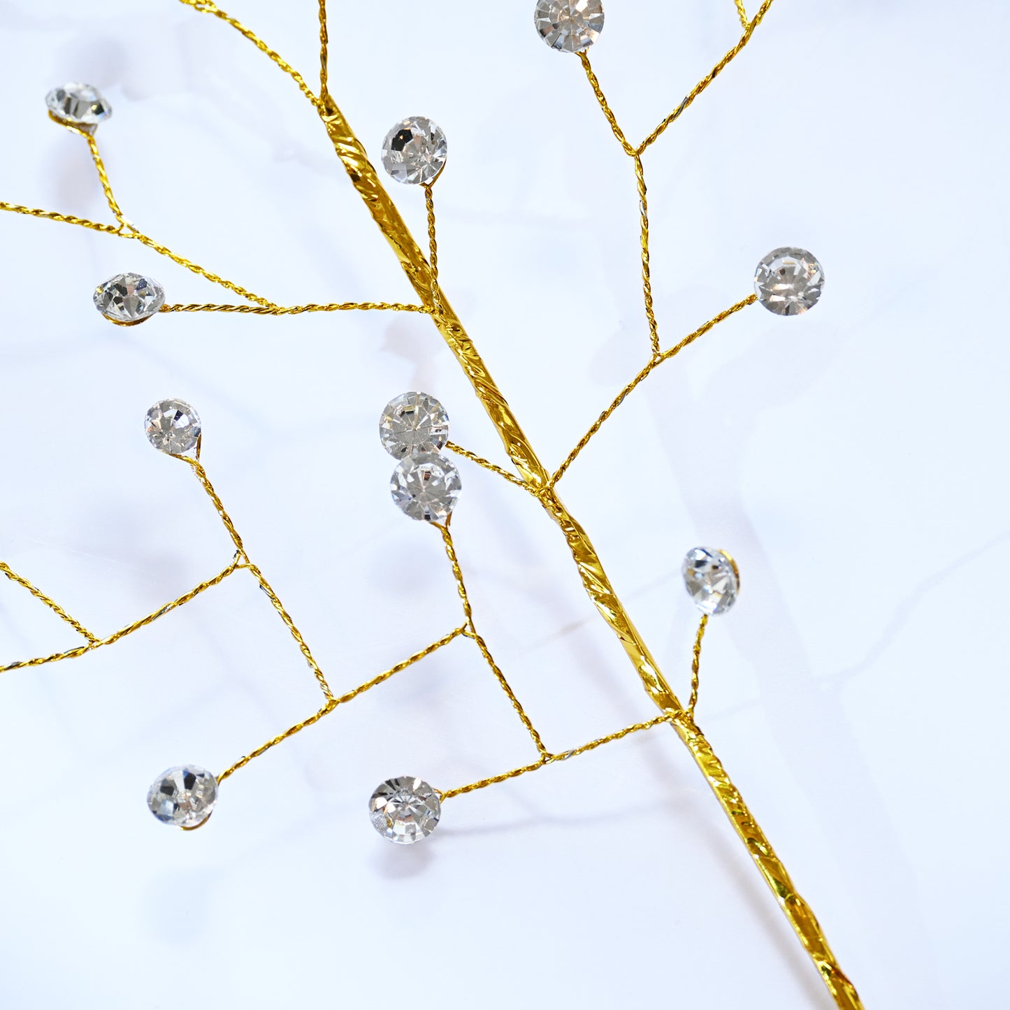 Handmade Gold Wire Crystal Bead Branch, Artificial Clear Rhinestone Floral Stem  K111