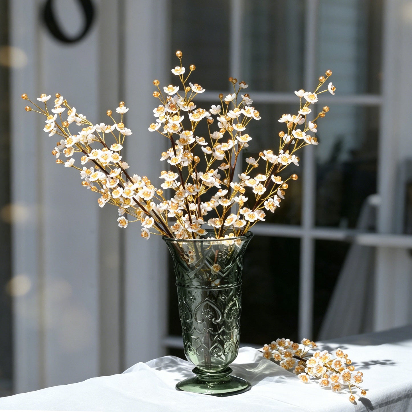 Single Stem White & Gold Crystal Plum Blossom Artificial Flower K70