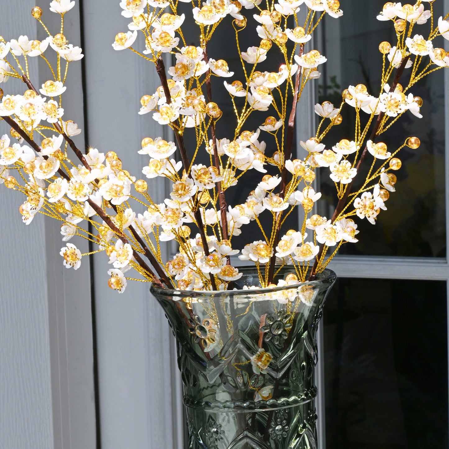 Single Stem White & Gold Crystal Plum Blossom Artificial Flower K70