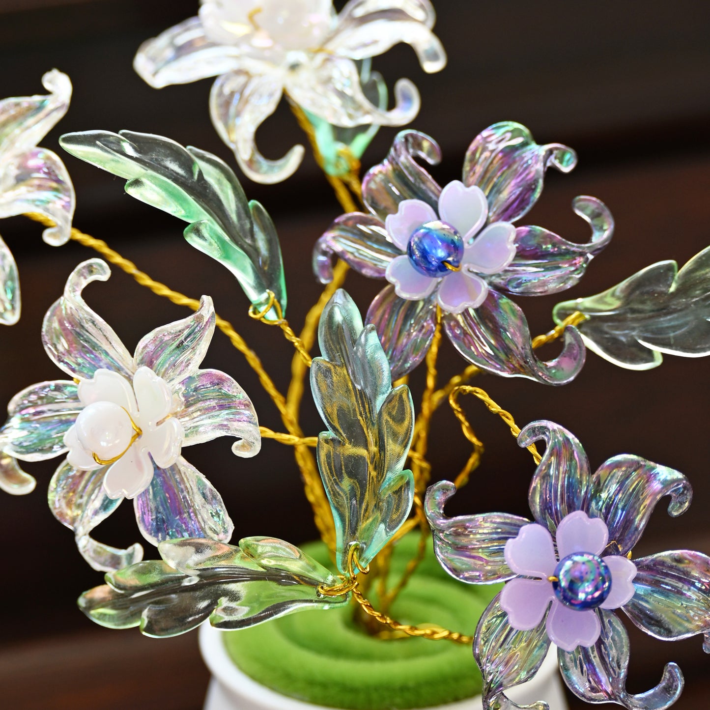 Handmade Iridescent Crystal Lily Flower Arrangement in Mini Ceramic Pot