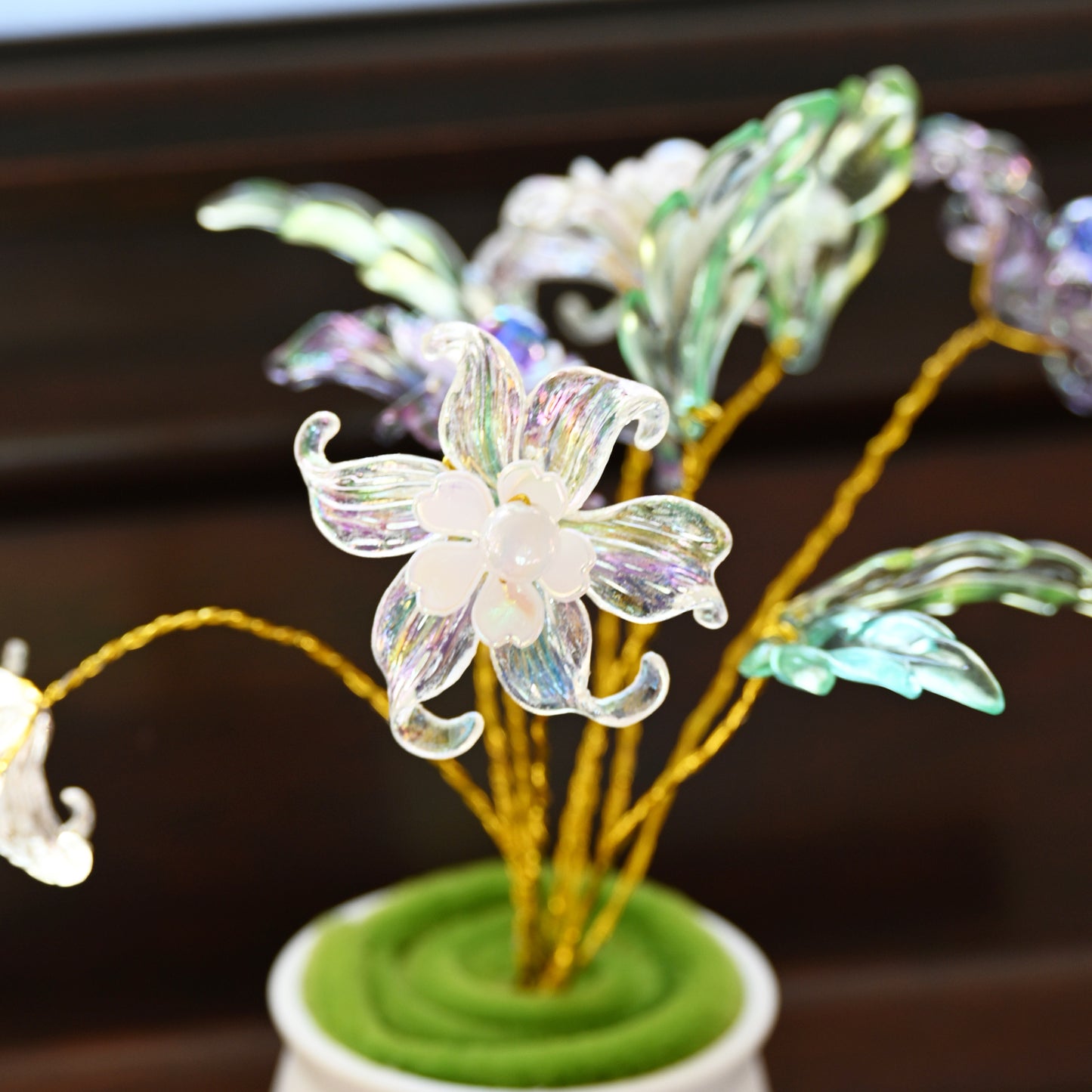 Handmade Iridescent Crystal Lily Flower Arrangement in Mini Ceramic Pot