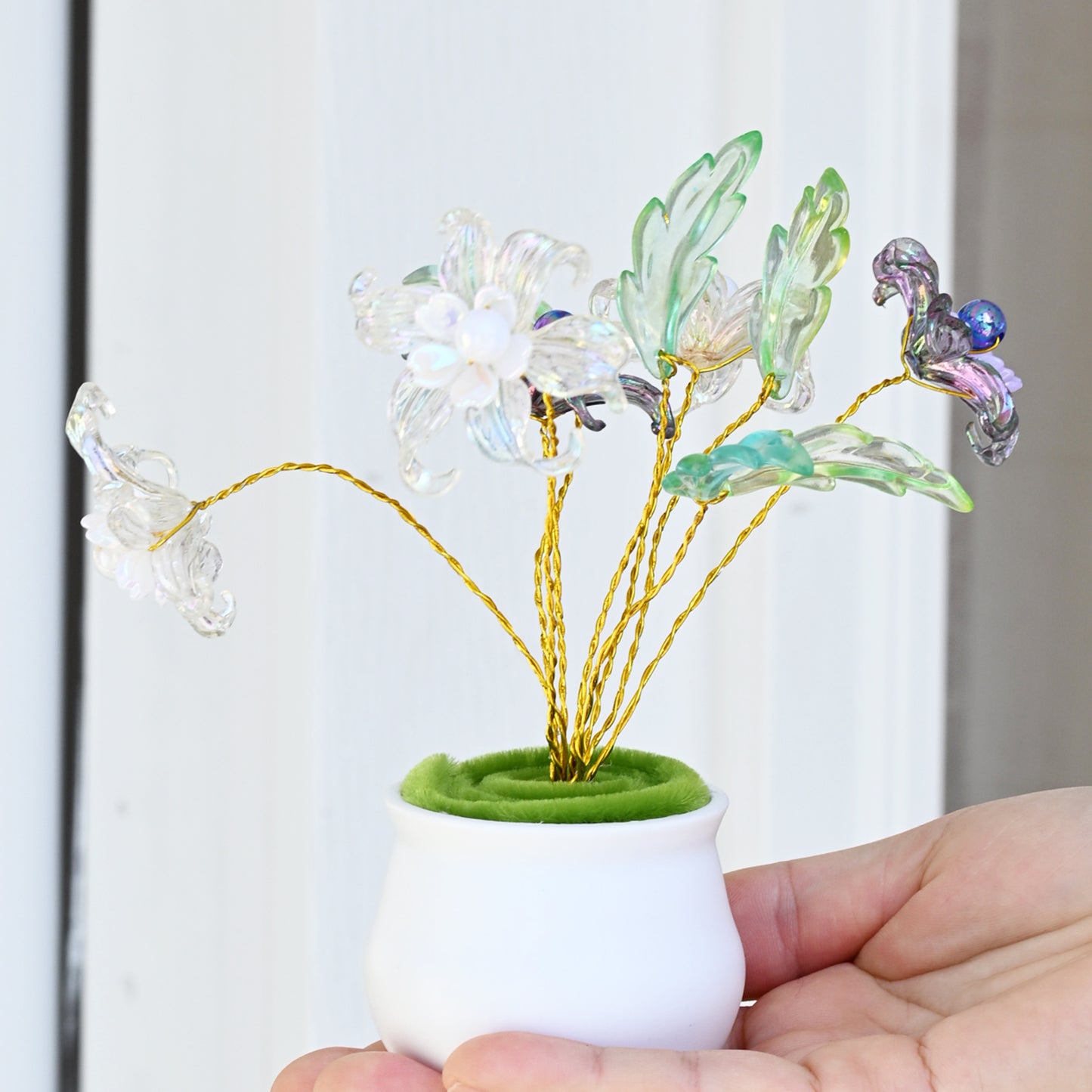 Handmade Iridescent Crystal Lily Flower Arrangement in Mini Ceramic Pot