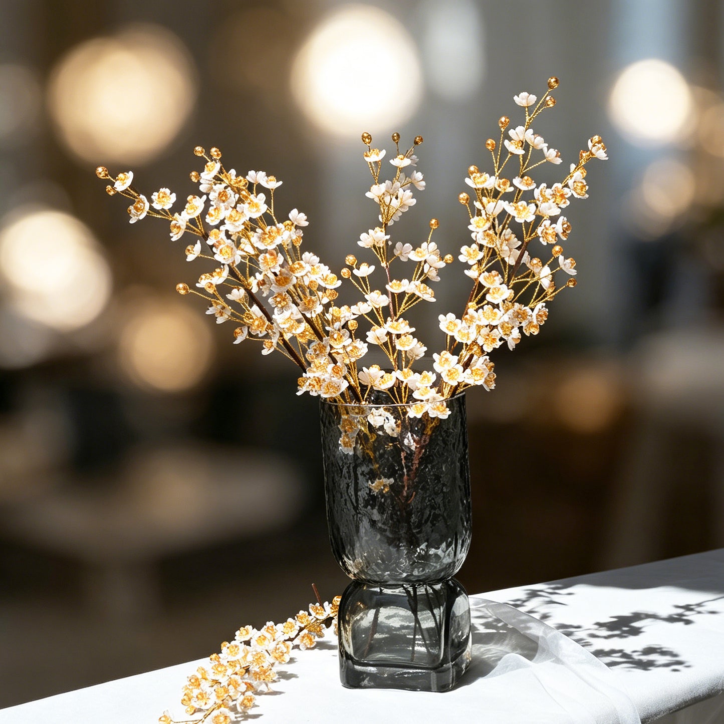 Single Stem White & Gold Crystal Plum Blossom Artificial Flower K70