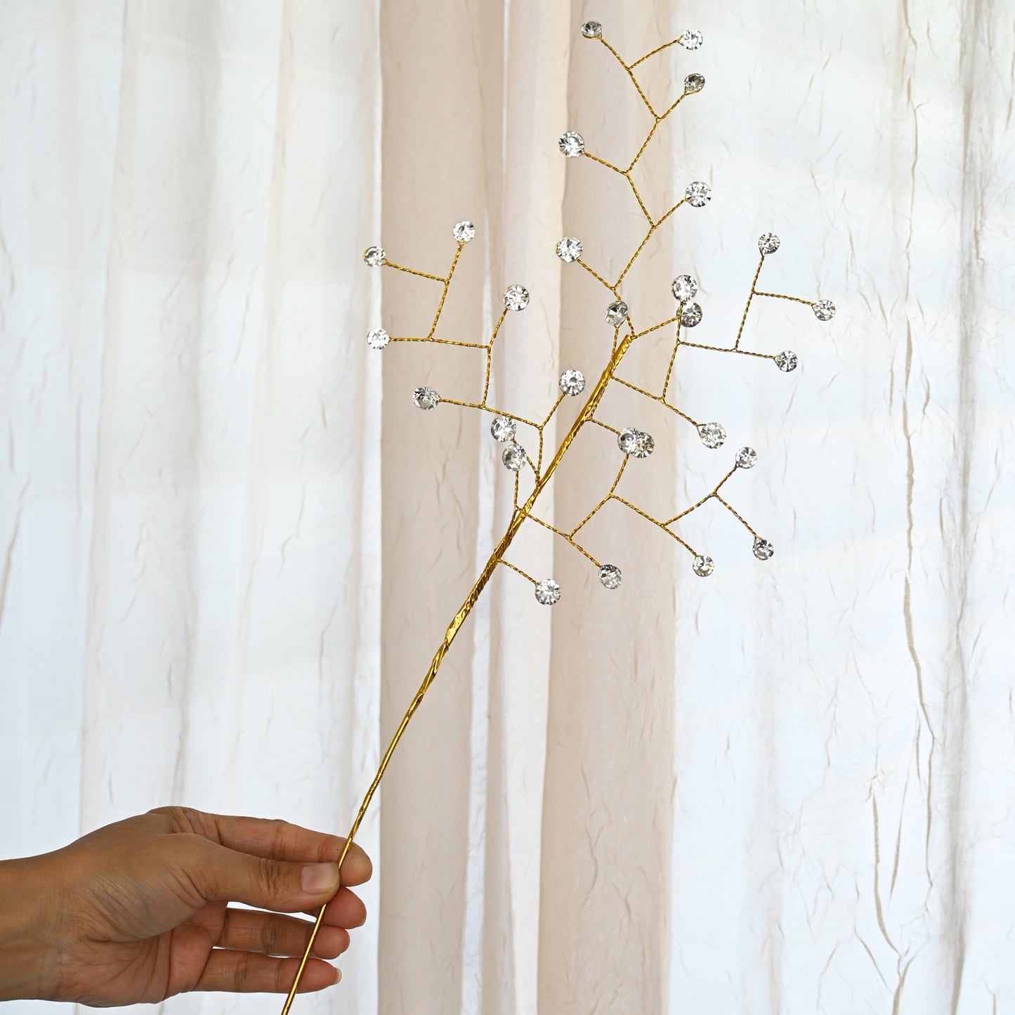 Handmade Gold Wire Crystal Bead Branch, Artificial Clear Rhinestone Floral Stem  K111