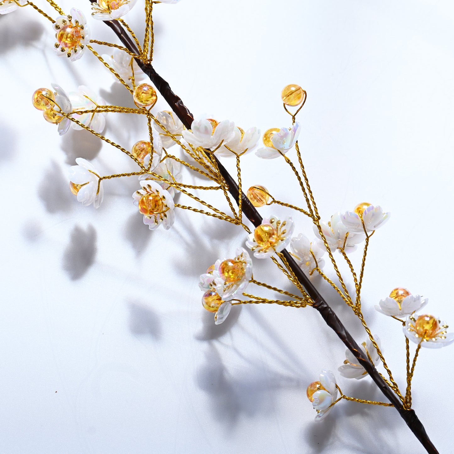 Single Stem White & Gold Crystal Plum Blossom Artificial Flower K70