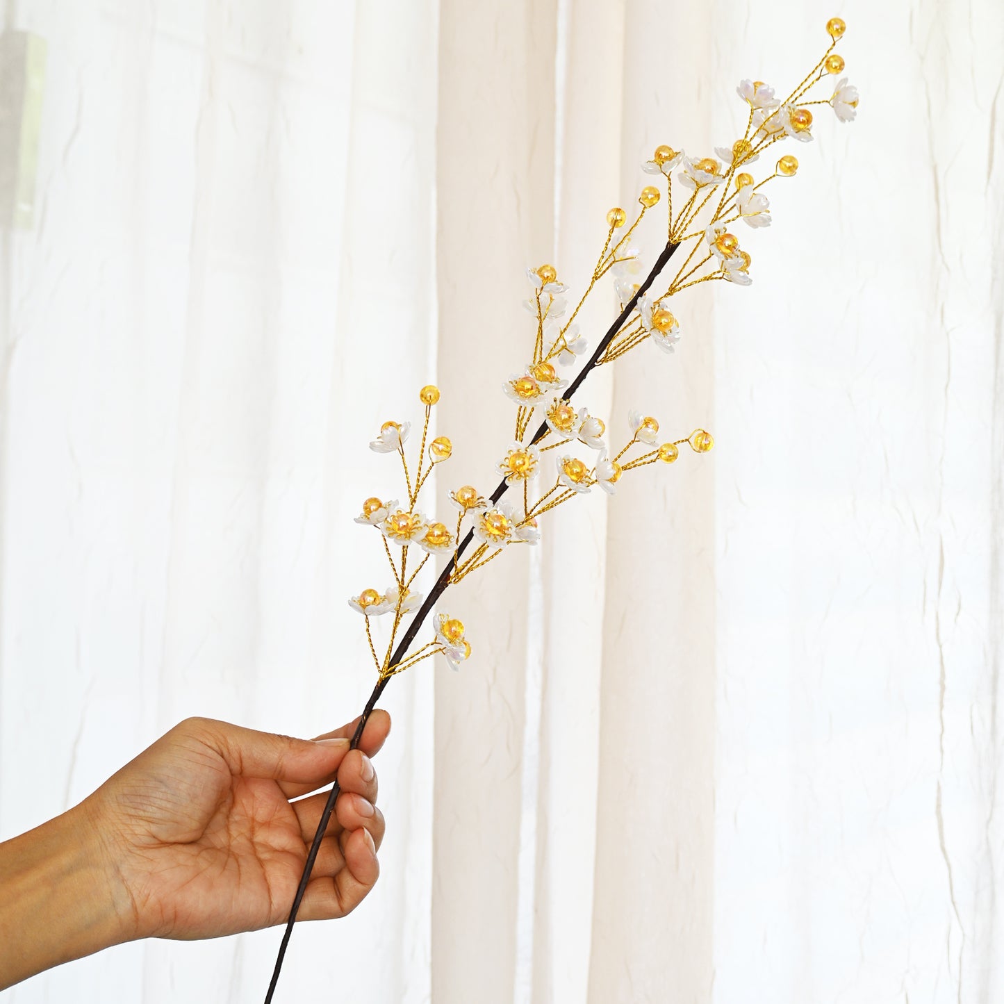 Single Stem White & Gold Crystal Plum Blossom Artificial Flower K70