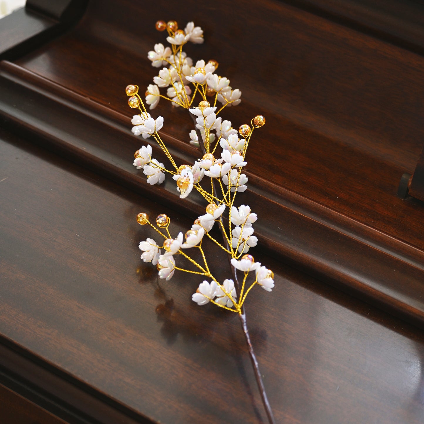 Single Stem White & Gold Crystal Plum Blossom Artificial Flower K70