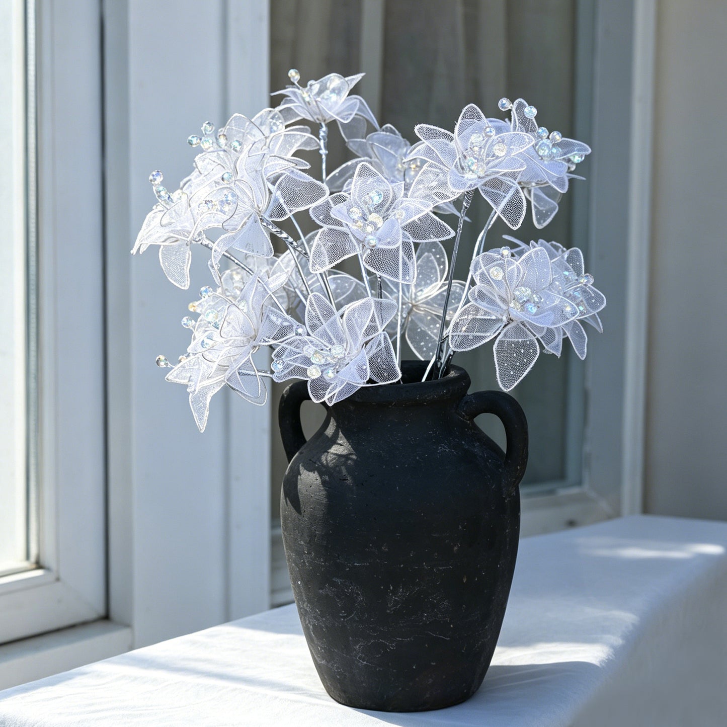 Handmade Sheer Mesh Crystal Flower Branch Picks  K149