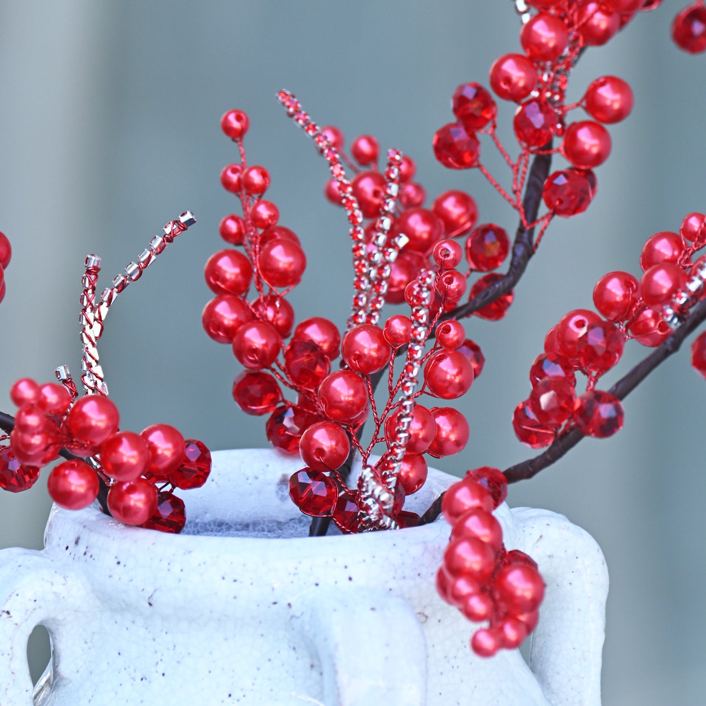 Handmade Pearl & Glossy Red Berry Artificial Branch Picks K125