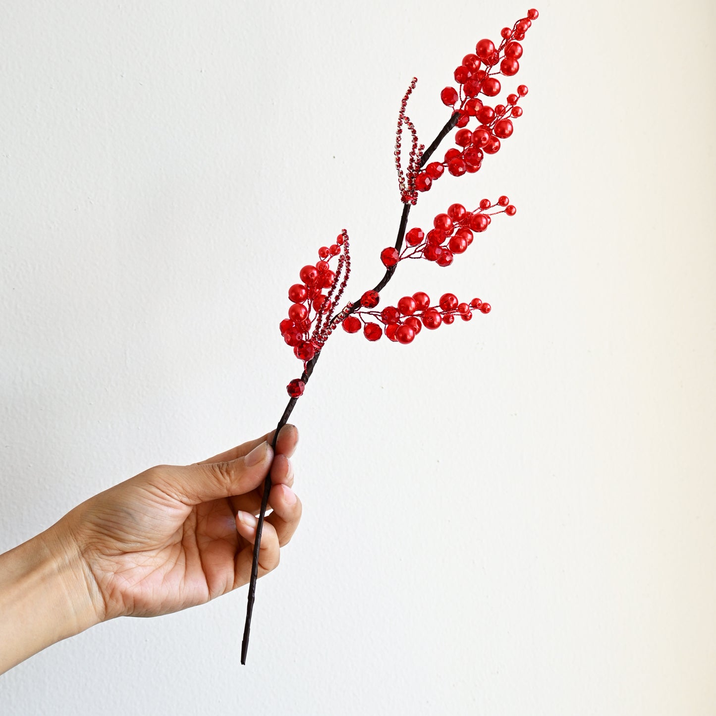 Handmade Pearl & Glossy Red Berry Artificial Branch Picks K125