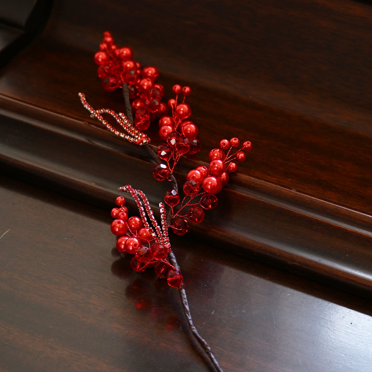 Handmade Pearl & Glossy Red Berry Artificial Branch Picks K125