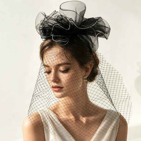 Black Floral Birdcage Bridal Blusher Veil Wedding Hair Accessory Vintage Face Veil - Bridella BMA02-B