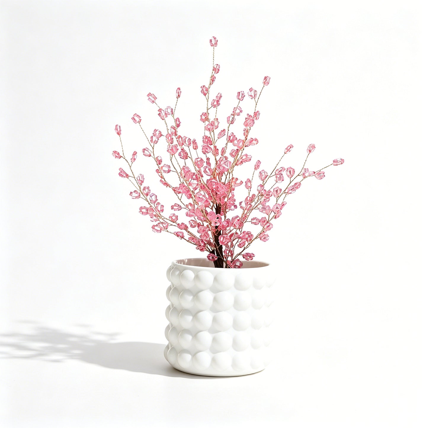 Handmade Pink Crystal Bead Tree, Artificial Flower Arrangement in Bubble Ceramic Pot L28