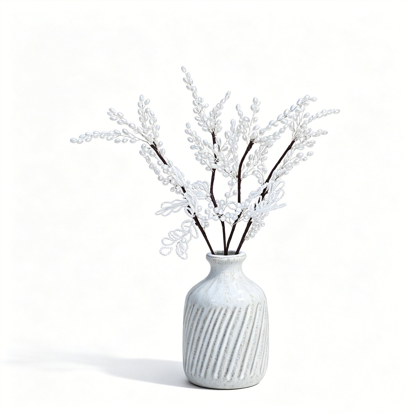 Handmade White Pearl Beaded Leaf Branch Picks, Faux Pearl Floral Stem K130