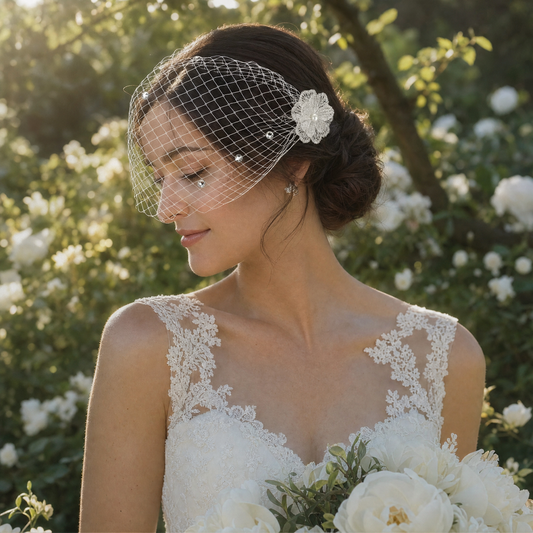 Rhinestone Bridal Birdcage Veil Fishnet Wedding Veil Comb Vintage Bridal Hair Accessory - Bridella VA04-B