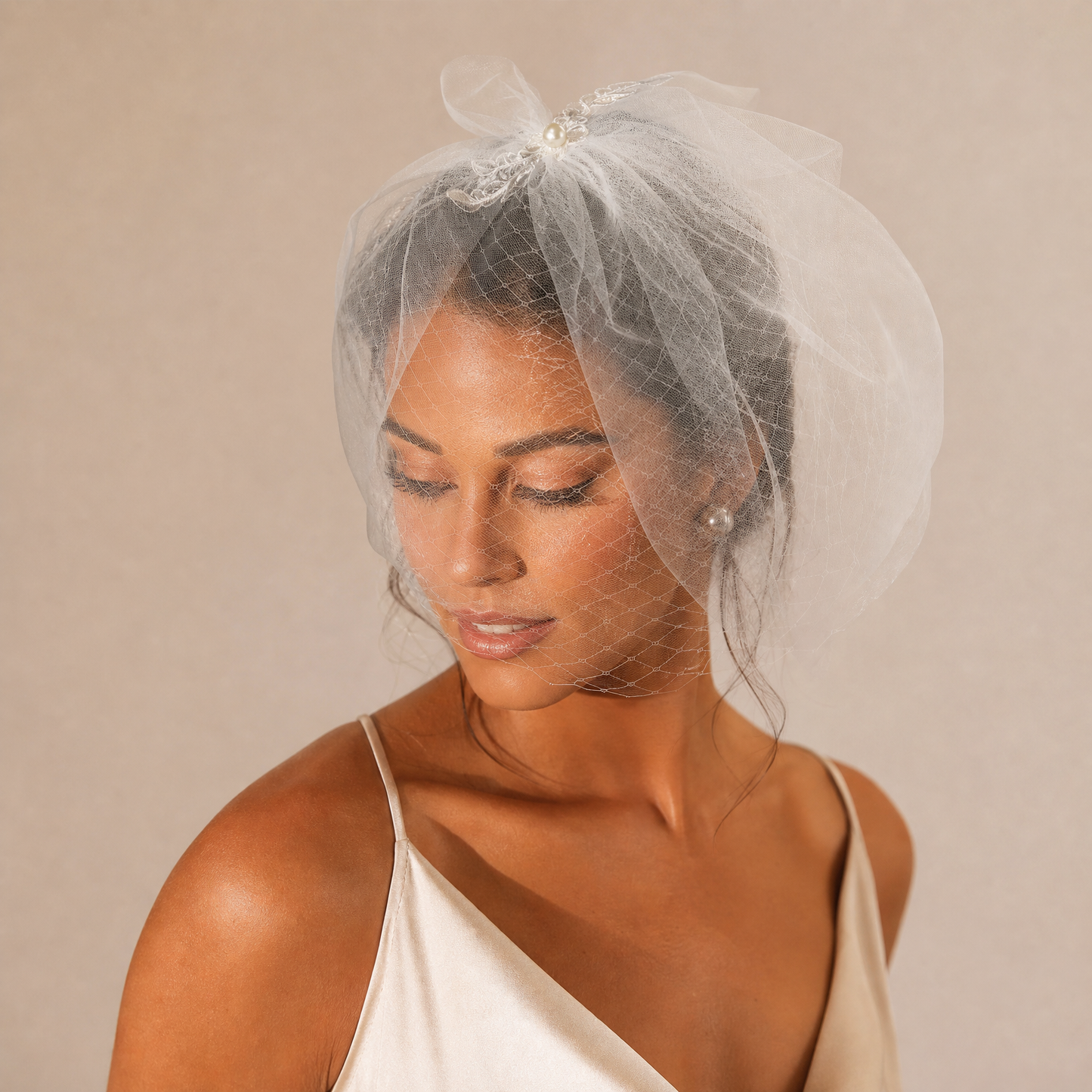 Lightweight Pearl Bow Birdcage Wedding Veil - Bridella BVA14-W