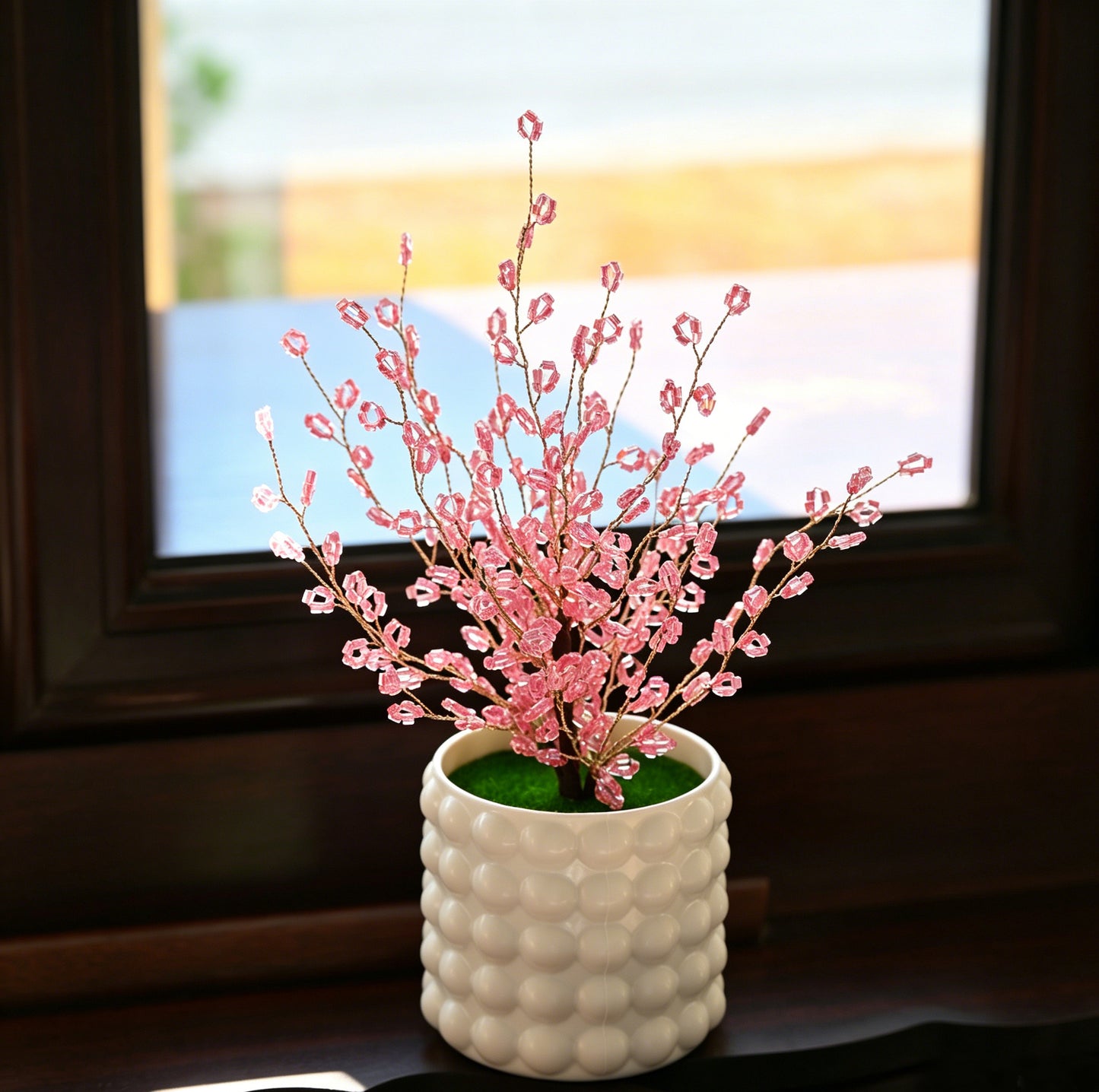 Handmade Pink Crystal Bead Tree, Artificial Flower Arrangement in Bubble Ceramic Pot L28