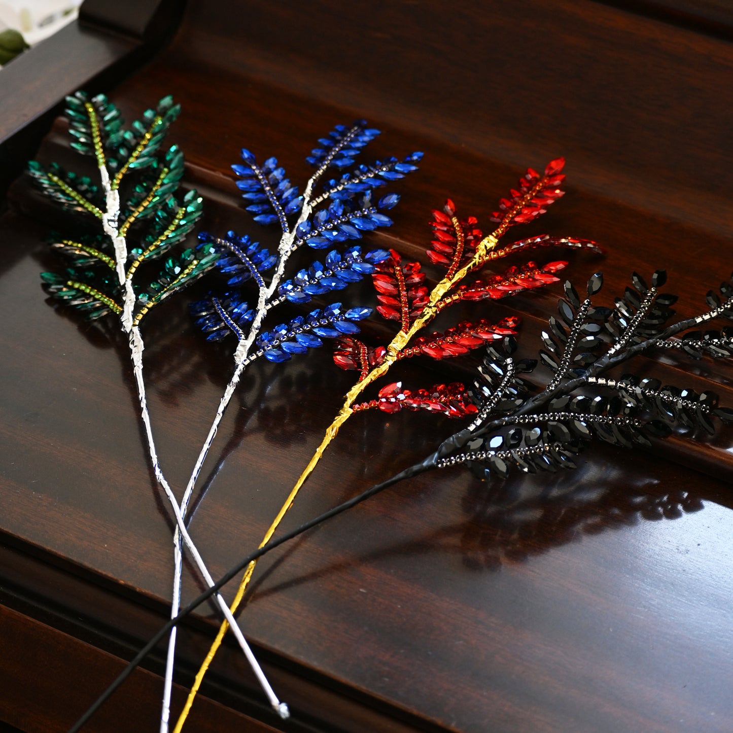 Handmade Marquise Crystal Leaf Floral Picks, Multi-Color Rhinestone Laurel Branch Stems K123