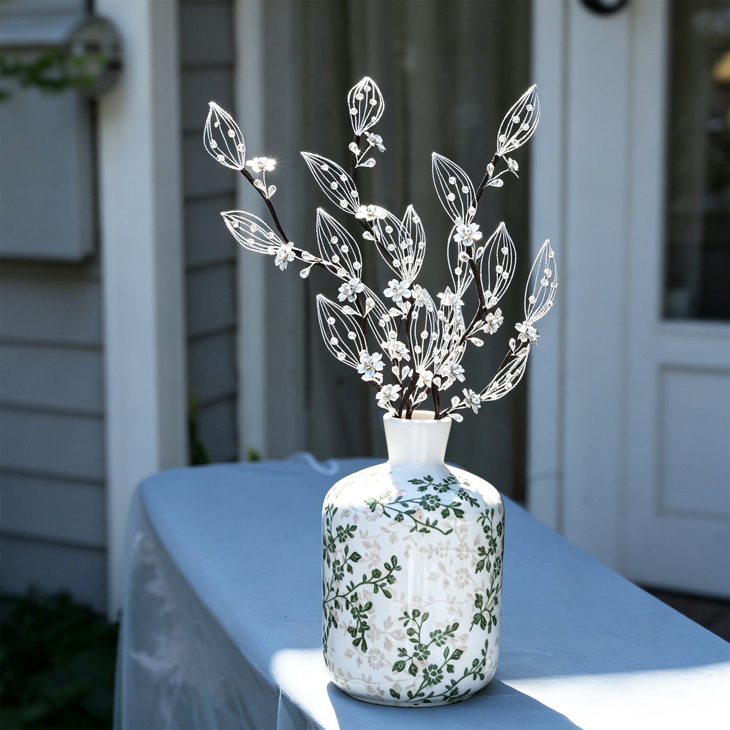 Handmade Clear Crystal Floral Branch Picks, Wire Hollow Leaf Rhinestone Flower Stems  K131